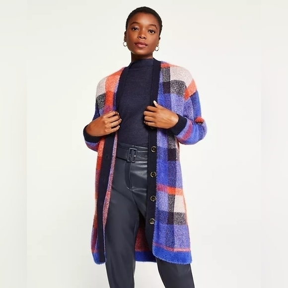 Ann Taylor Blue Orange Plaid Longline Button-Up Oversized Boyfriend Cardigan - Picture 4 of 13